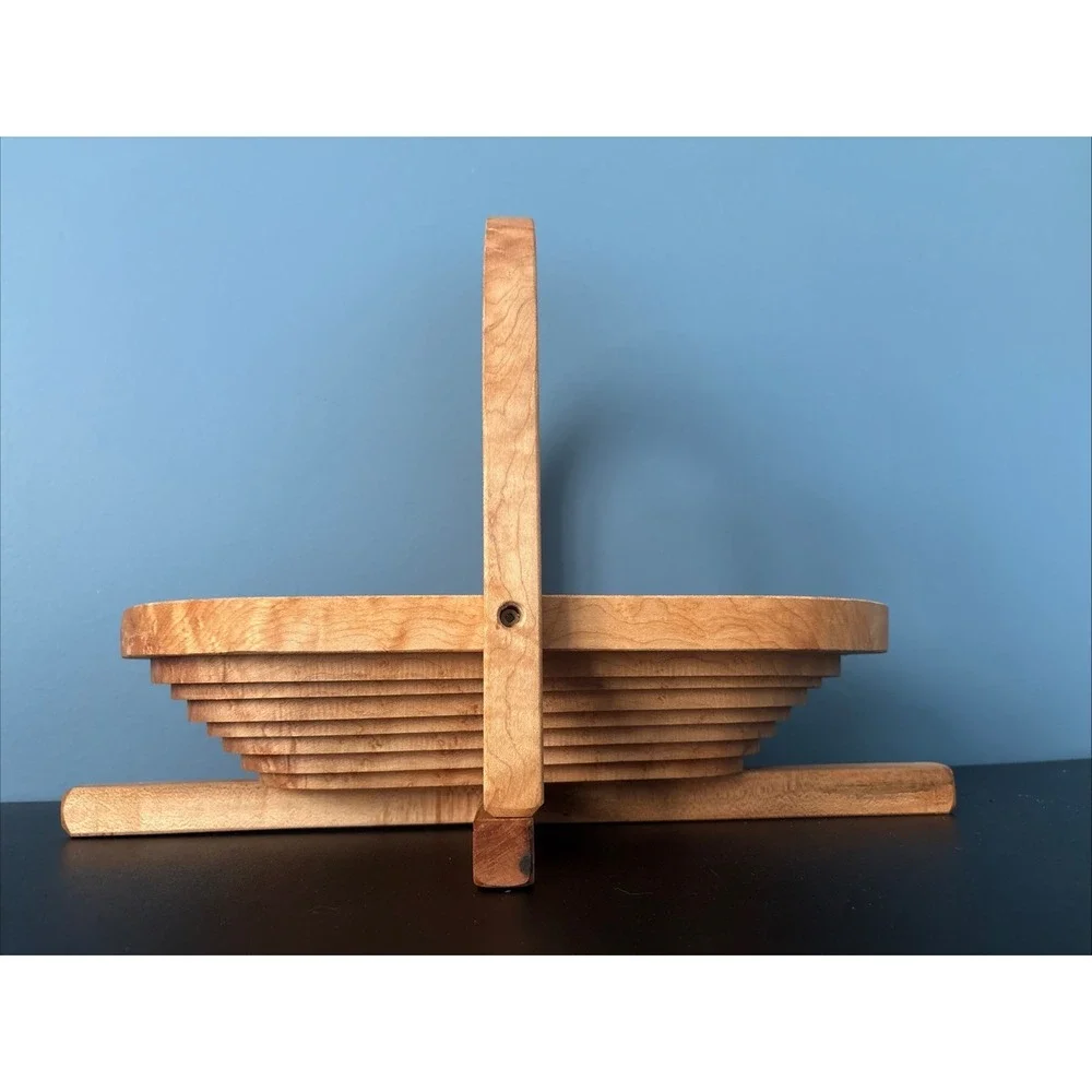 Collapsible Wooden Basket Oval Bowl Trivet Handcrafted 15